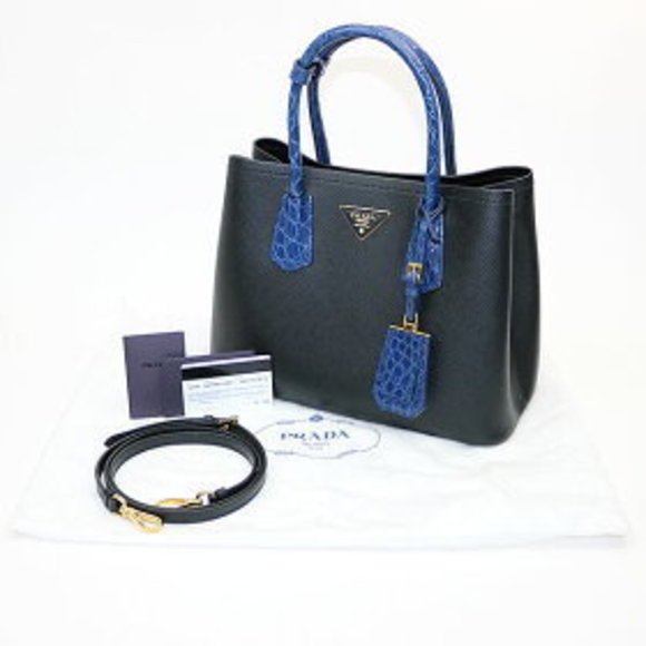 Prada Double bag crocodile handle saffiano leather triangle black tote CUIR - Picture 1 of 1